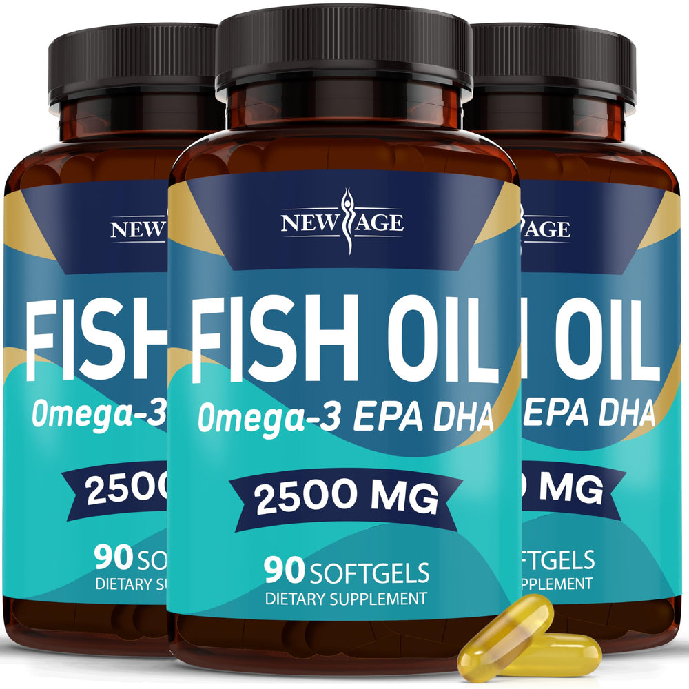 NEW AGE Omega-3 bottle and softgels for daily wellness