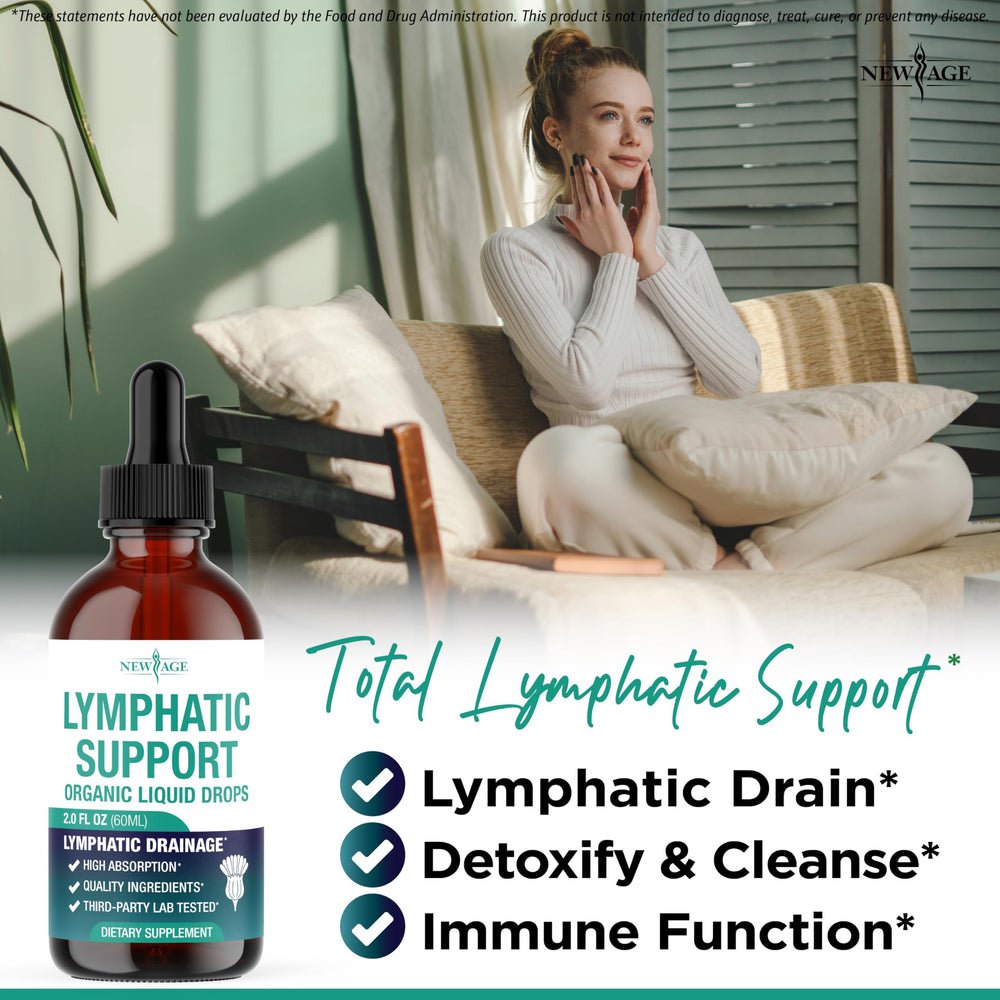 New Age Organic Lymphatic Drainage Drops bottle pour demonstrates easy dosing for daily use