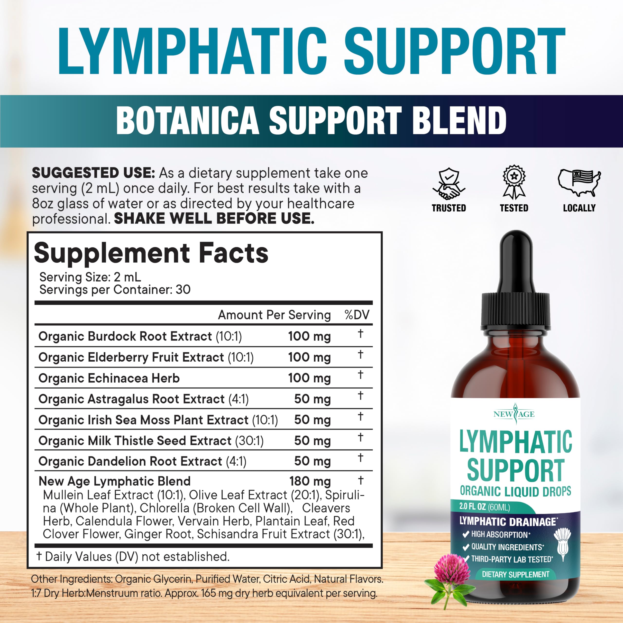 New Age Organic Lymphatic Drainage Drops dispensing container shows controlled, precise use