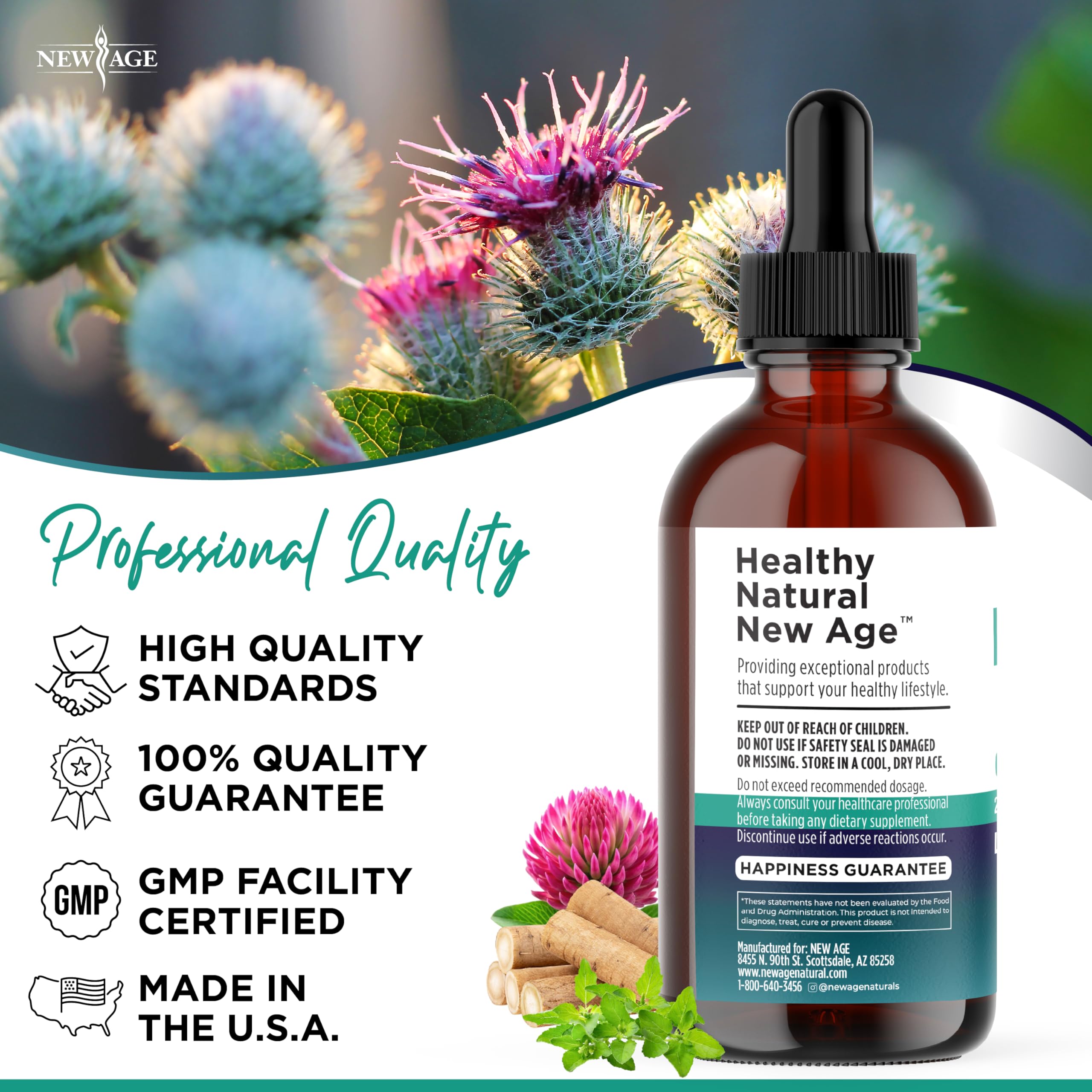 New Age Organic Lymphatic Drainage Drops packaging confirms vegan, non-GMO, alcohol-free claims