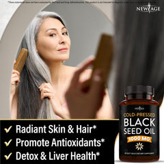 NEW AGE premium black seed oil capsule bottle highlighting non-GMO formulation.