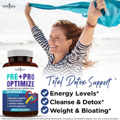 New Age Pro Optimize label shows 70B CFU and two capsules per serving