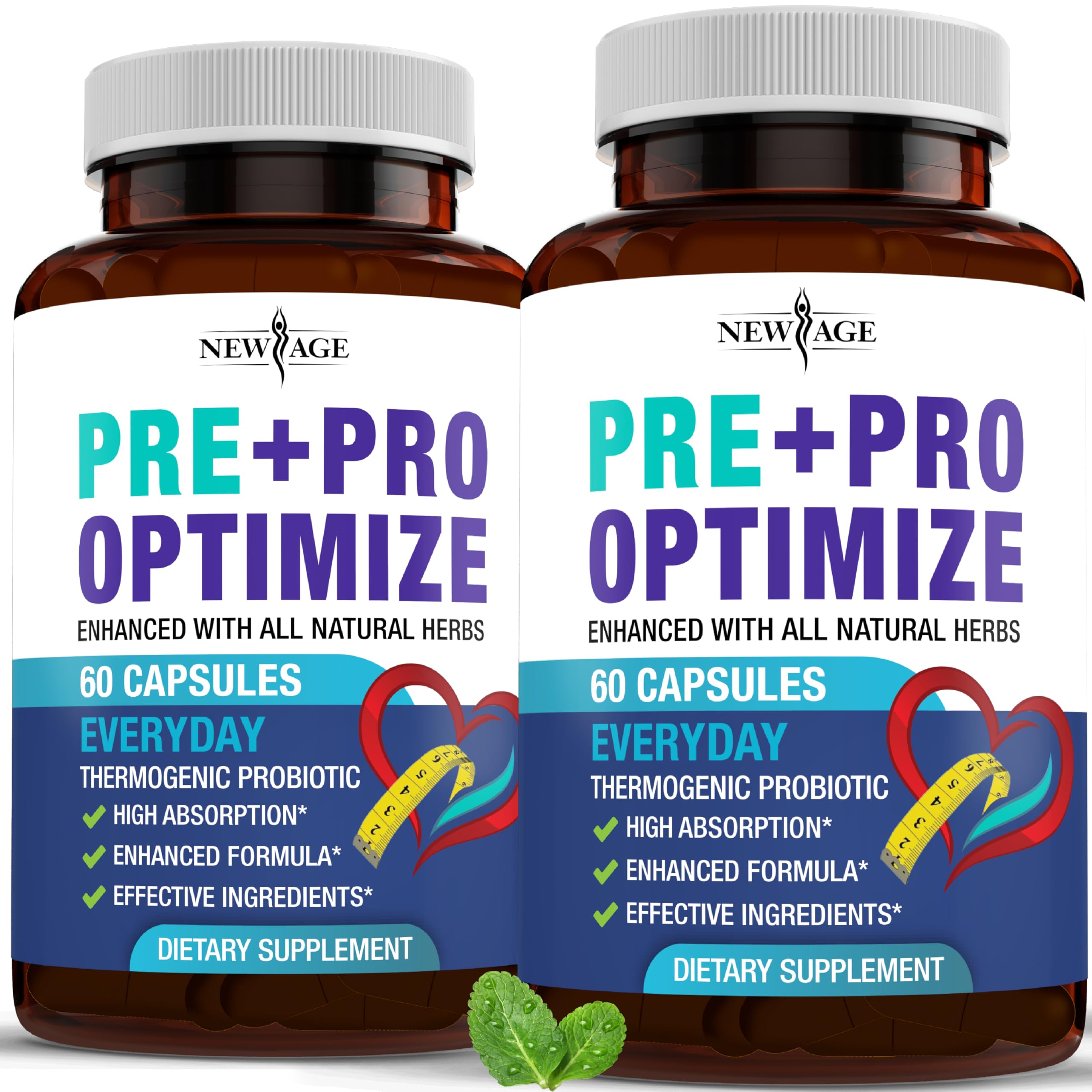 NEW AGE Pro Optimize Probiotics bottle pour for gut balance and daily wellness.