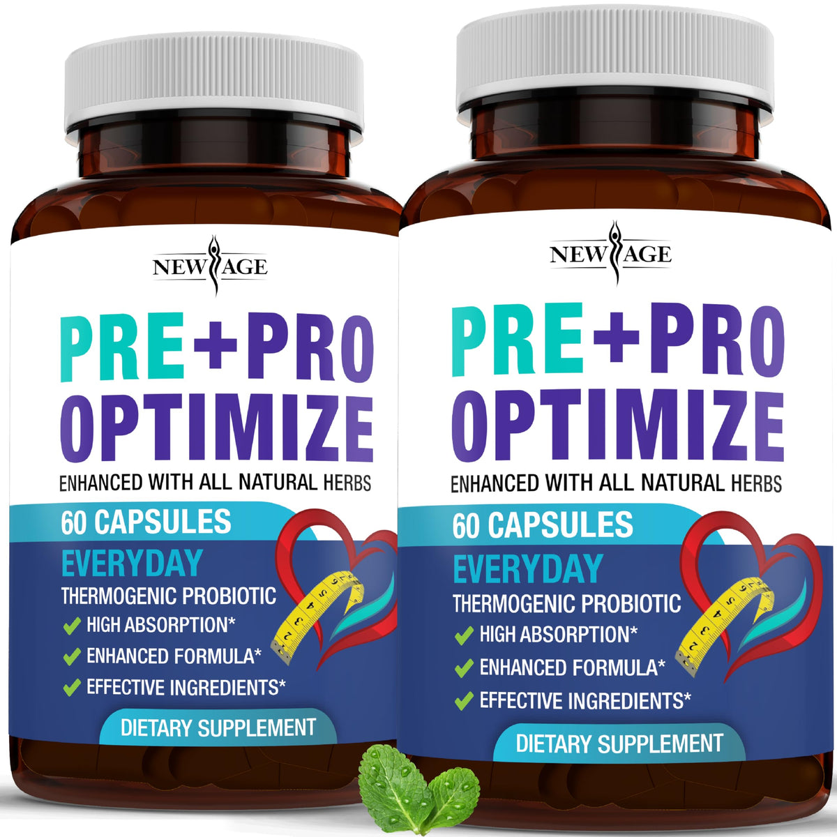 NEW AGE Pro Optimize Probiotics bottle pour for gut balance and daily wellness.