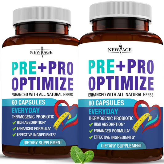 NEW AGE Pro Optimize Probiotics bottle pour for gut balance and daily wellness.