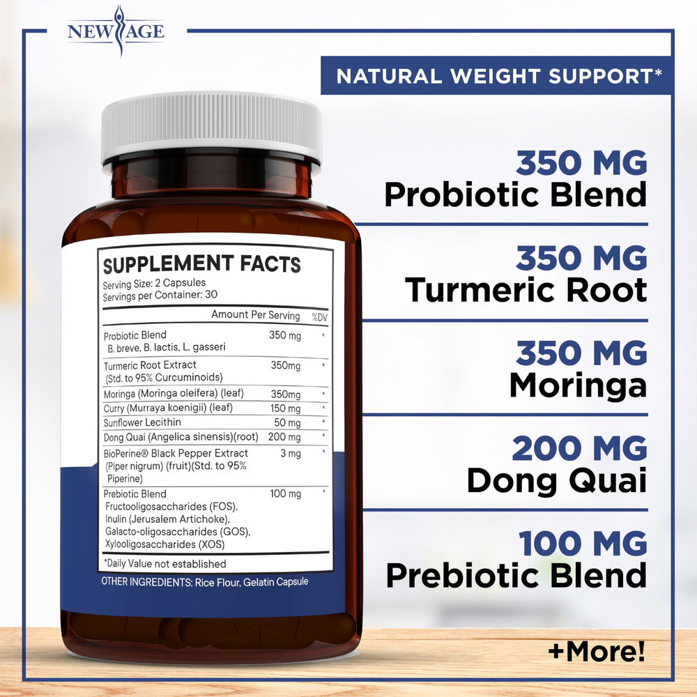 NEW AGE Pro Optimize probiotics capsules closeup showing 70B CFU and botanicals.
