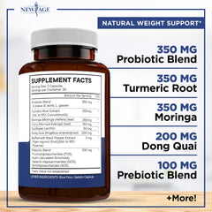 NEW AGE Pro Optimize probiotics capsules closeup showing 70B CFU and botanicals.