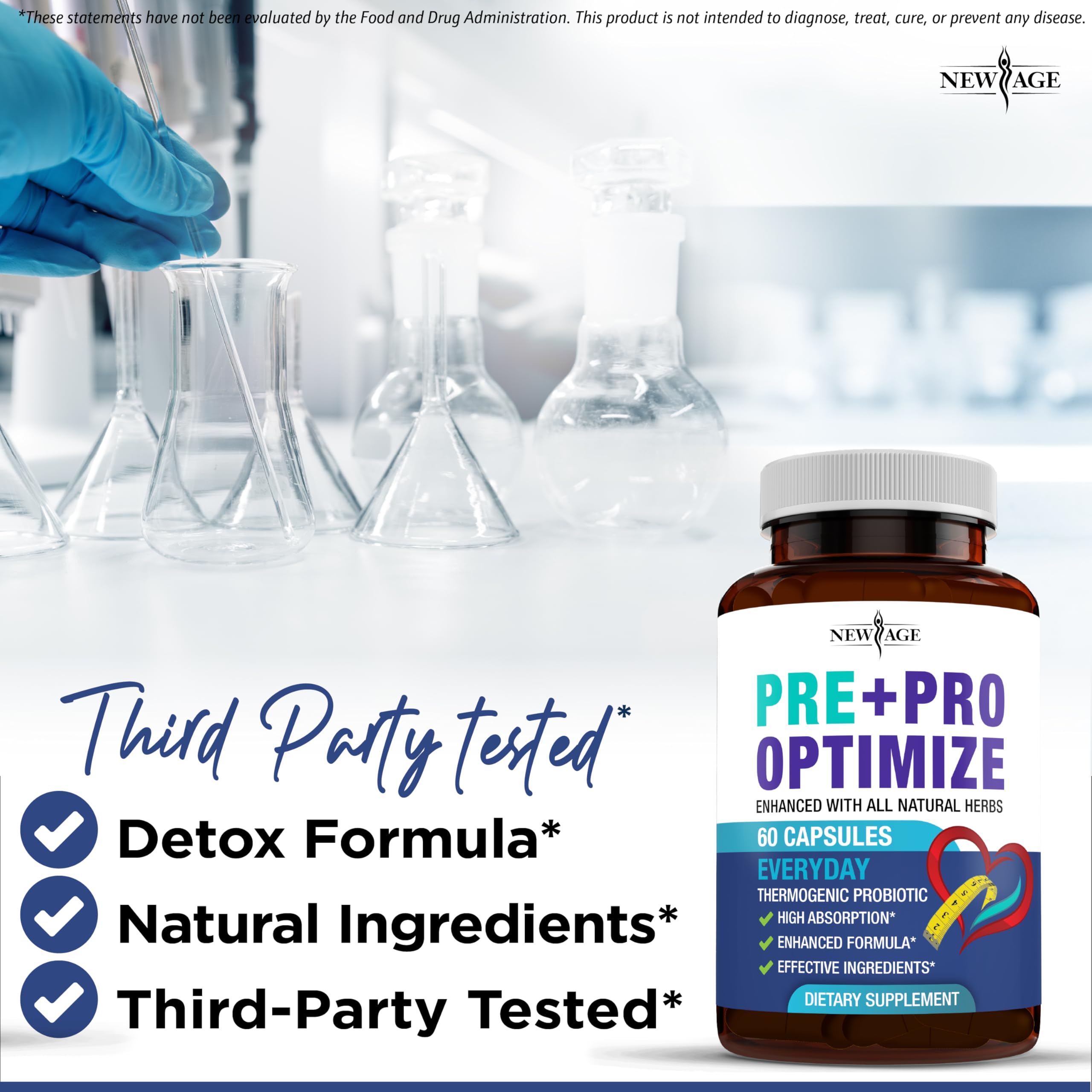 NEW AGE probiotics GMP lab testing badge indicating third-party quality assurance.