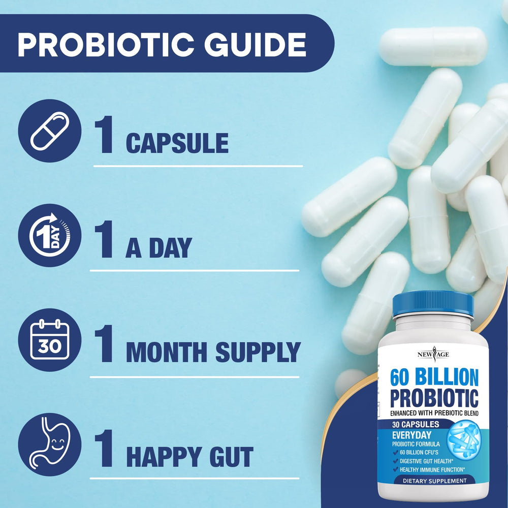 NEW AGE Probiotics shelf-stable packaging for easy storage and on-demand use.