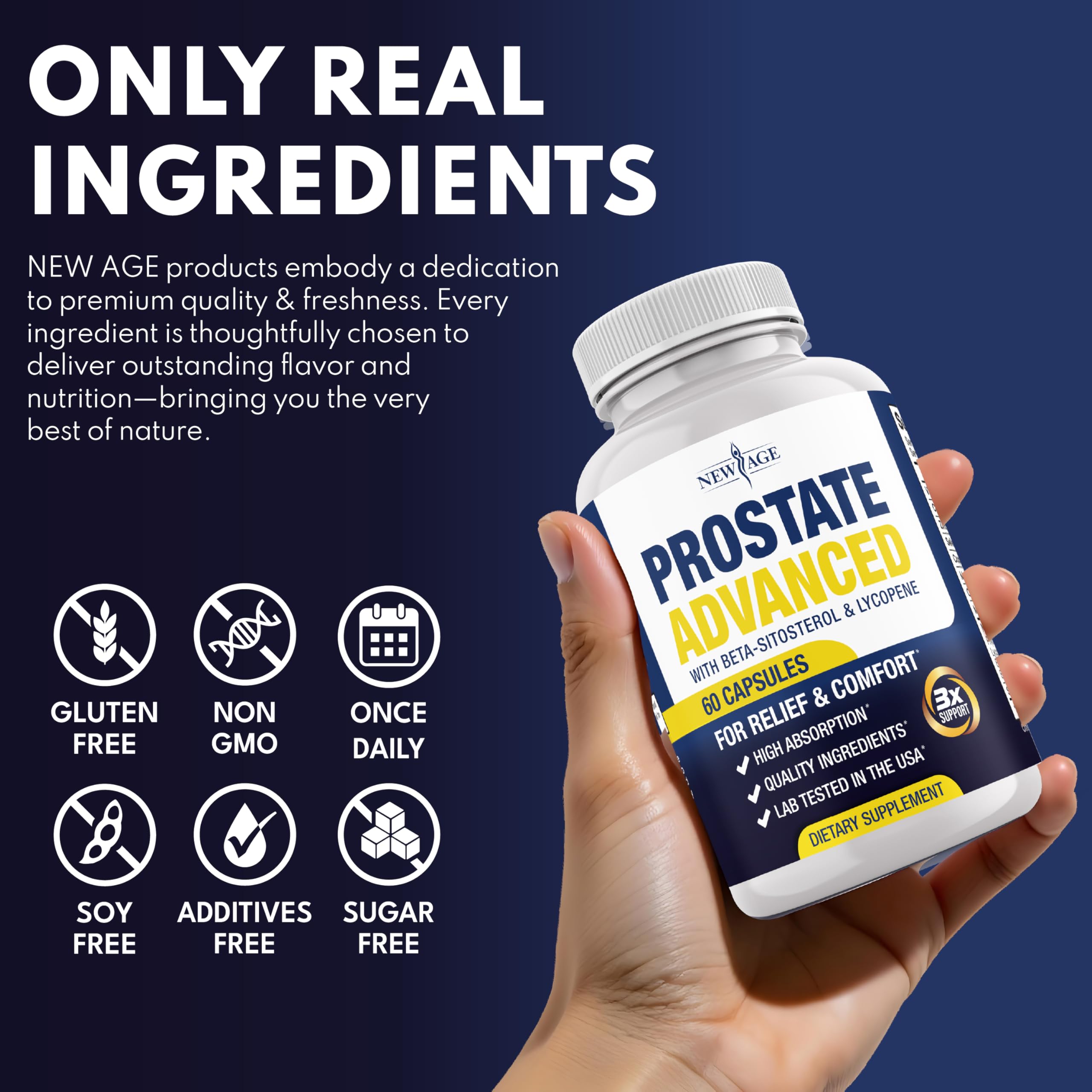 NEW AGE Prostate Advanced made in USA badge conveys trusted quality
