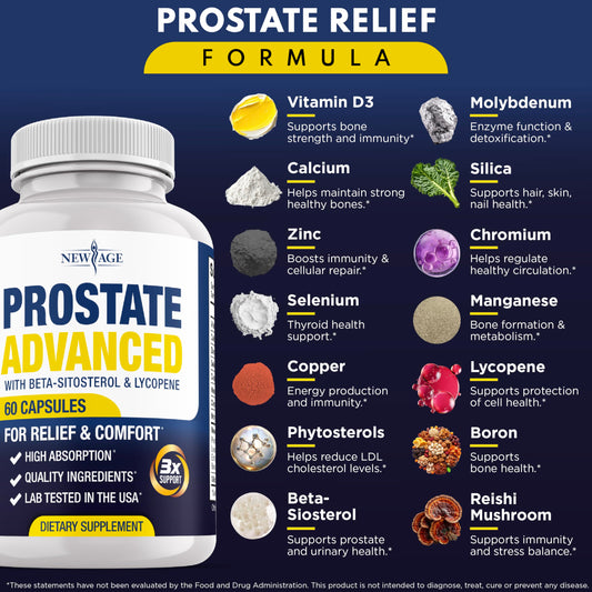 NEW AGE Prostate label highlighting lycopene and beta sitosterol for prostate health
