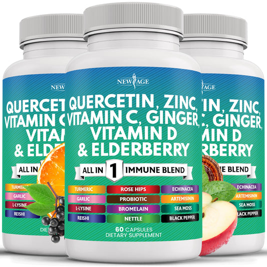 New Age Quercetin Zinc Vitamin C bottle supports daily immune routine.