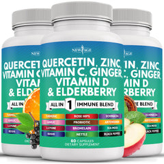 New Age Quercetin Zinc Vitamin C bottle supports daily immune routine.