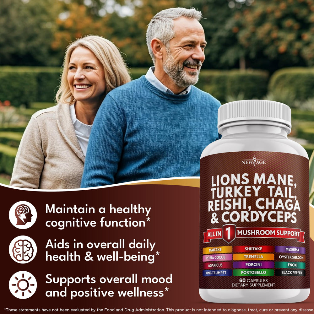 NEW AGE reishi-chaga-cordyceps capsules arranged for daily routine