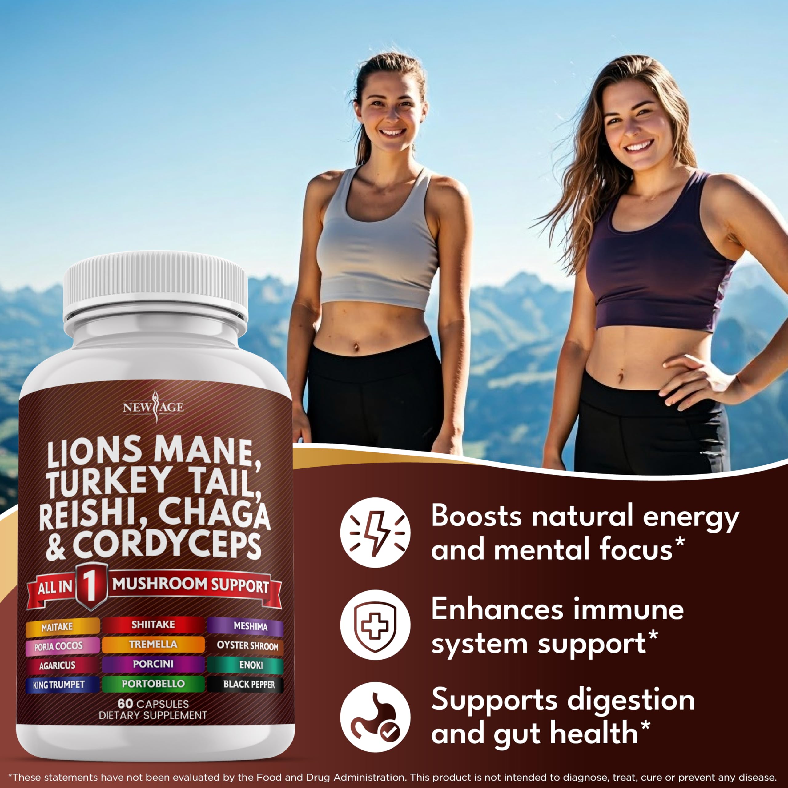 NEW AGE Reishi Chaga Cordyceps powder bottle highlighting a comprehensive blend