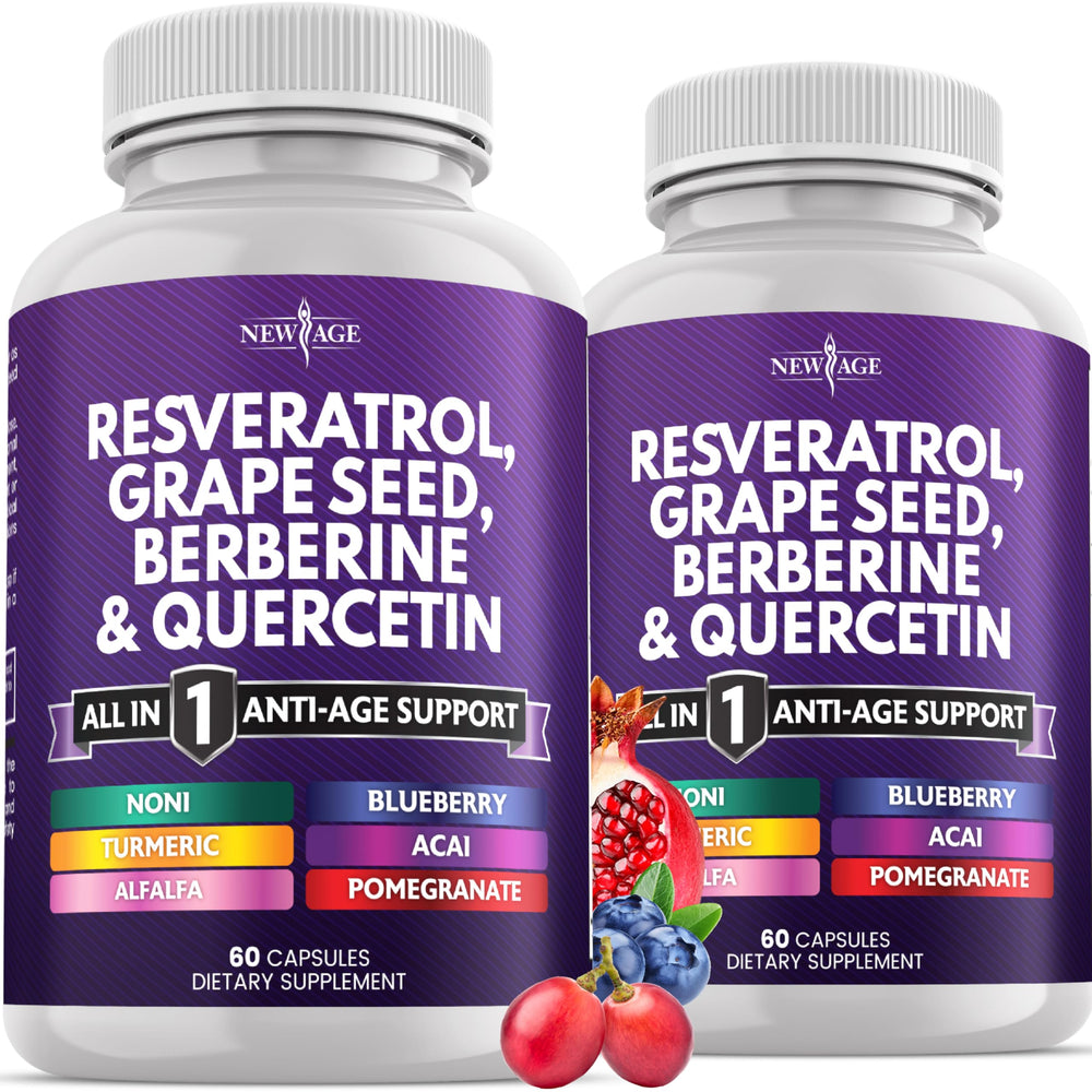 NEW AGE Resveratrol-Berberine-Grape Seed capsules in bottle for daily wellness.