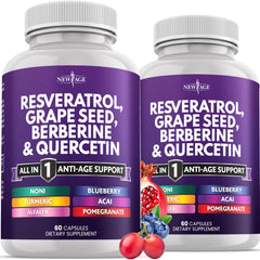 NEW AGE Resveratrol-Berberine-Grape Seed capsules in bottle for daily wellness.
