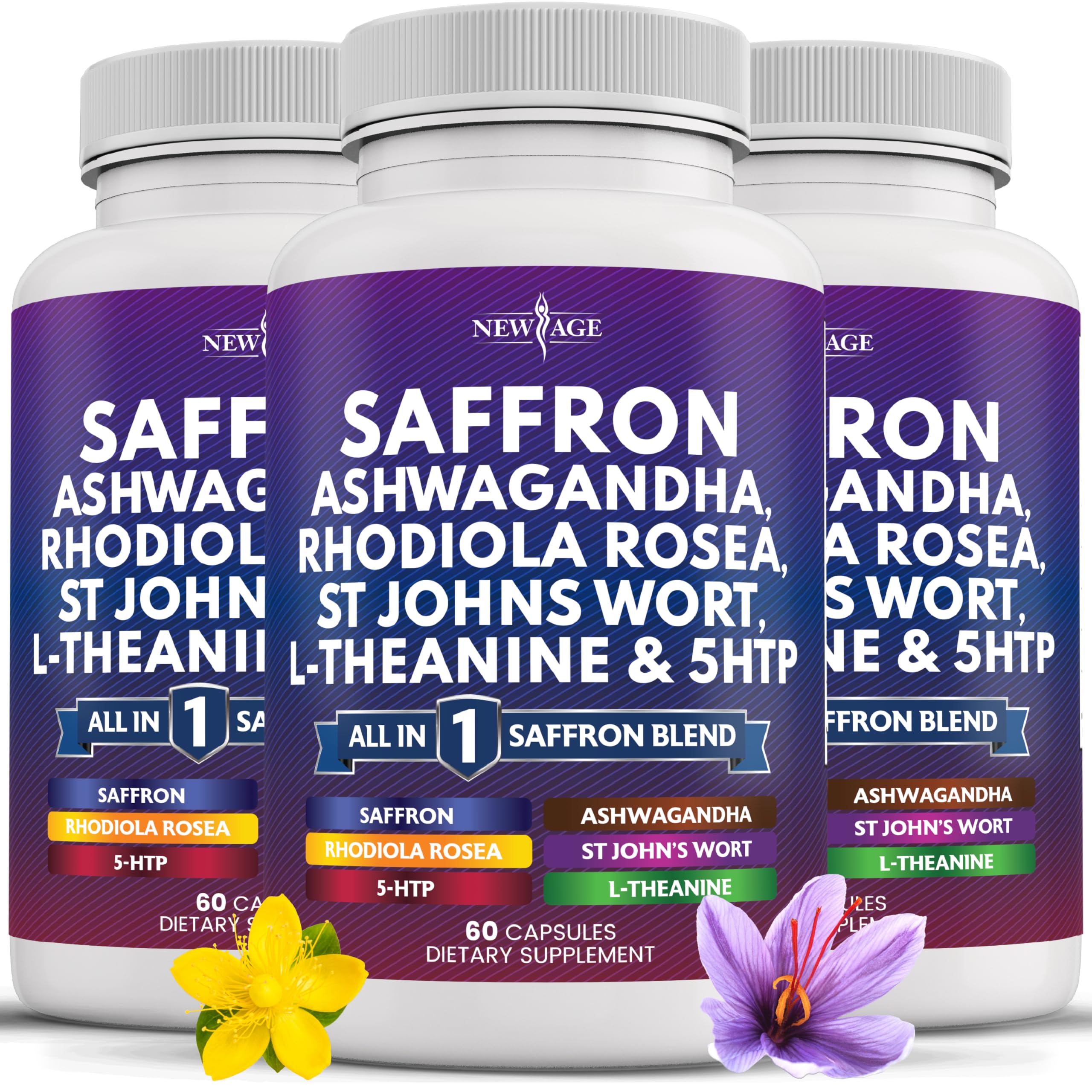 NEW AGE Saffron Supplements bottle with capsules for daily stress support