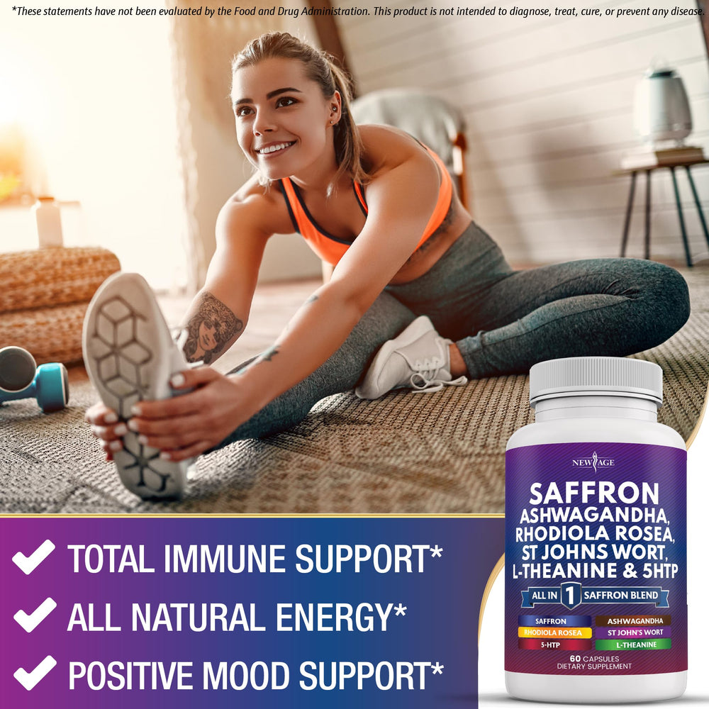 NEW AGE Saffron Supplements pour showing easy dispensing for daily use
