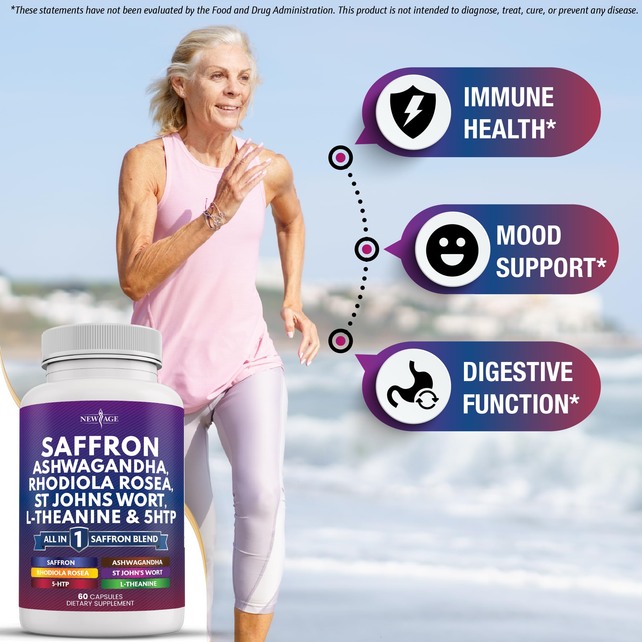NEW AGE Saffron Supplements featuring St. John's Wort ingredient visualization