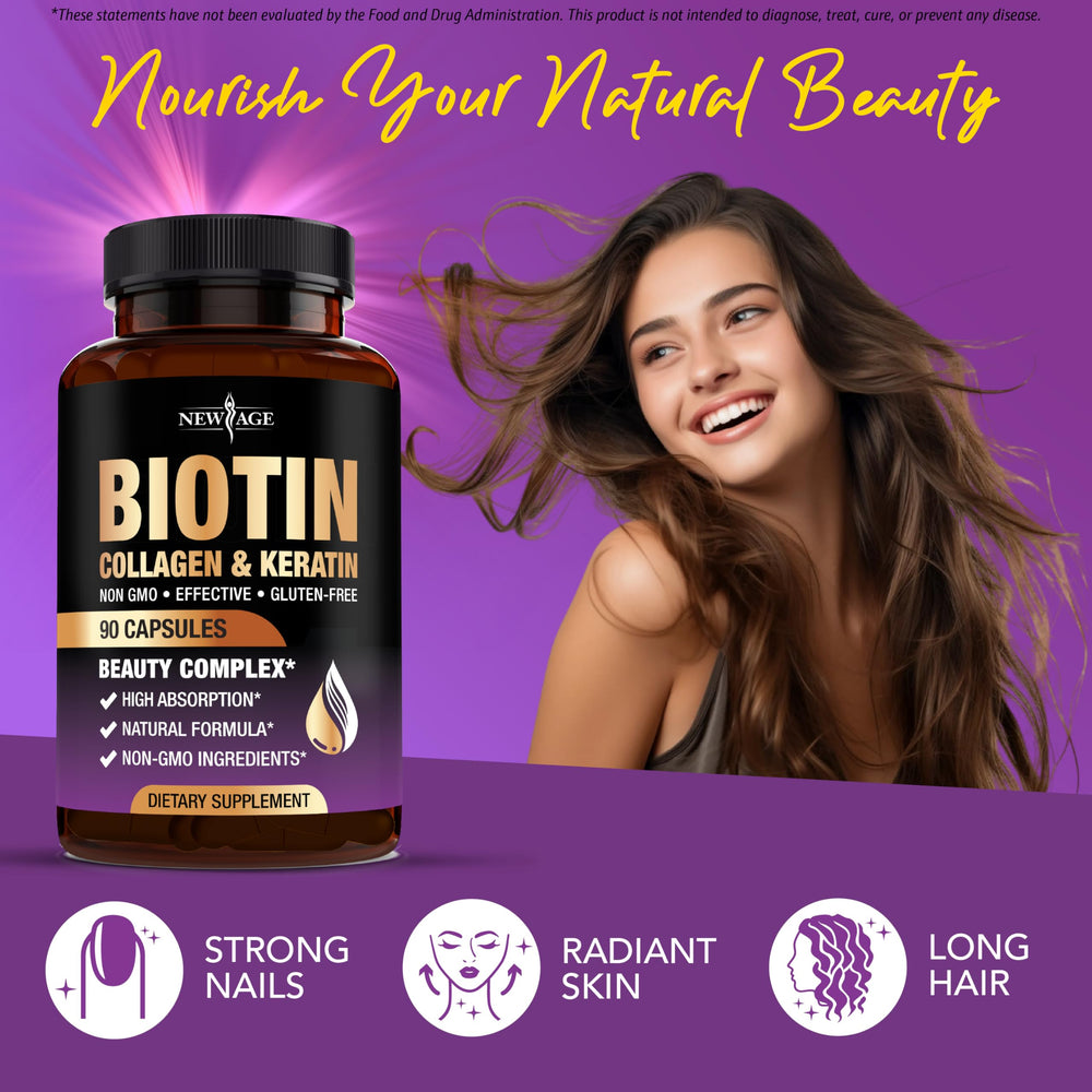 NEW AGE saw palmetto DHT blocker element supports hair health.