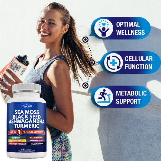 Closeup of NEW AGE Sea Moss Capsules label shows gluten-free, all-in-one blend.