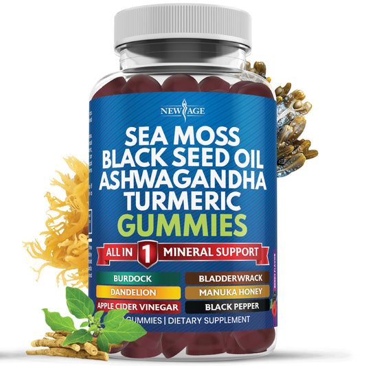 NEW AGE Sea Moss Gummies bottle front, premium vegan wellness in a convenient daily bite.