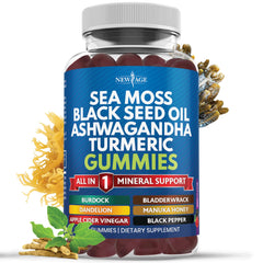 NEW AGE Sea Moss Gummies bottle front, premium vegan wellness in a convenient daily bite.