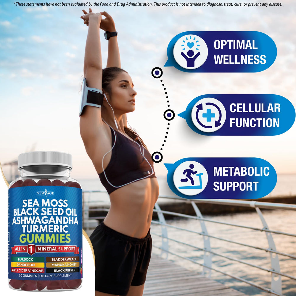 NEW AGE Sea Moss Gummies bottle pour for easy daily intake during busy days.