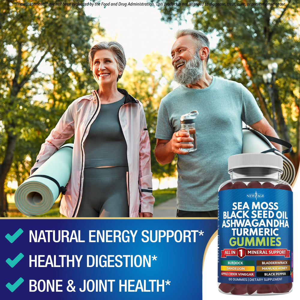 New Age Sea Moss Gummies packaging showcasing quality and clean ingredients.
