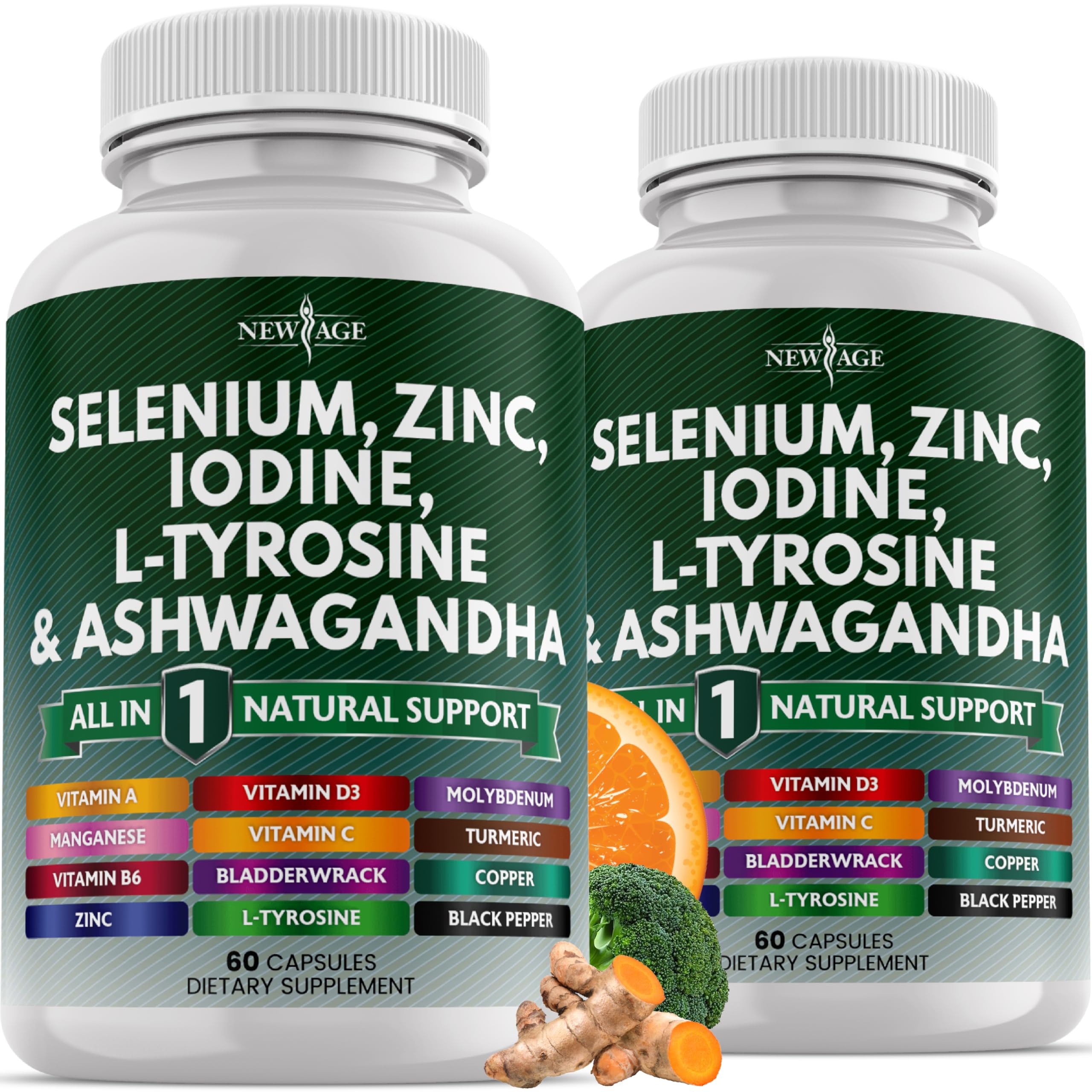 NEW AGE selenium zinc iodine tyrosine ashwagandha capsules for daily wellness.