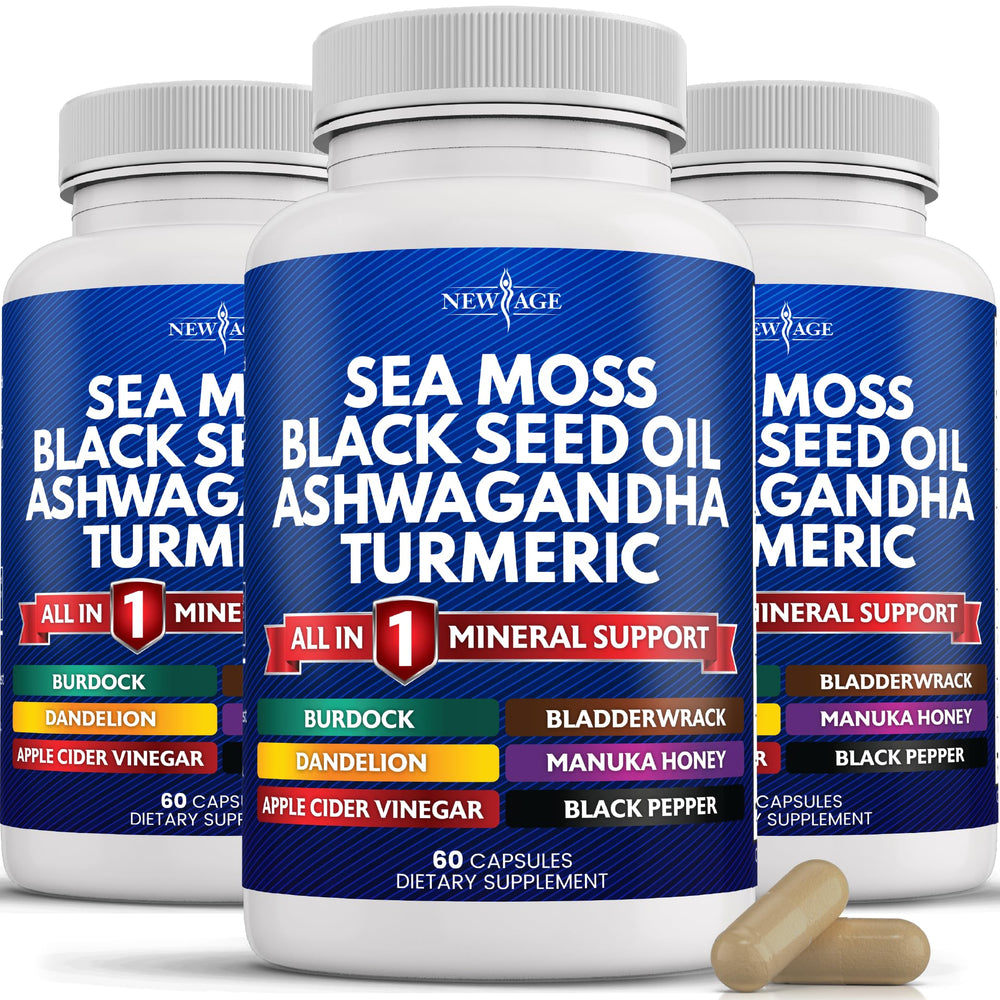 NEW AGE silica sea moss bottle highlights mineral-rich formula for daily wellness.