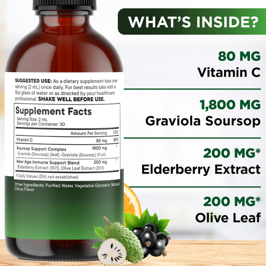 New Age Soursop Drops elderberry blend close up highlighting immune friendly formula.