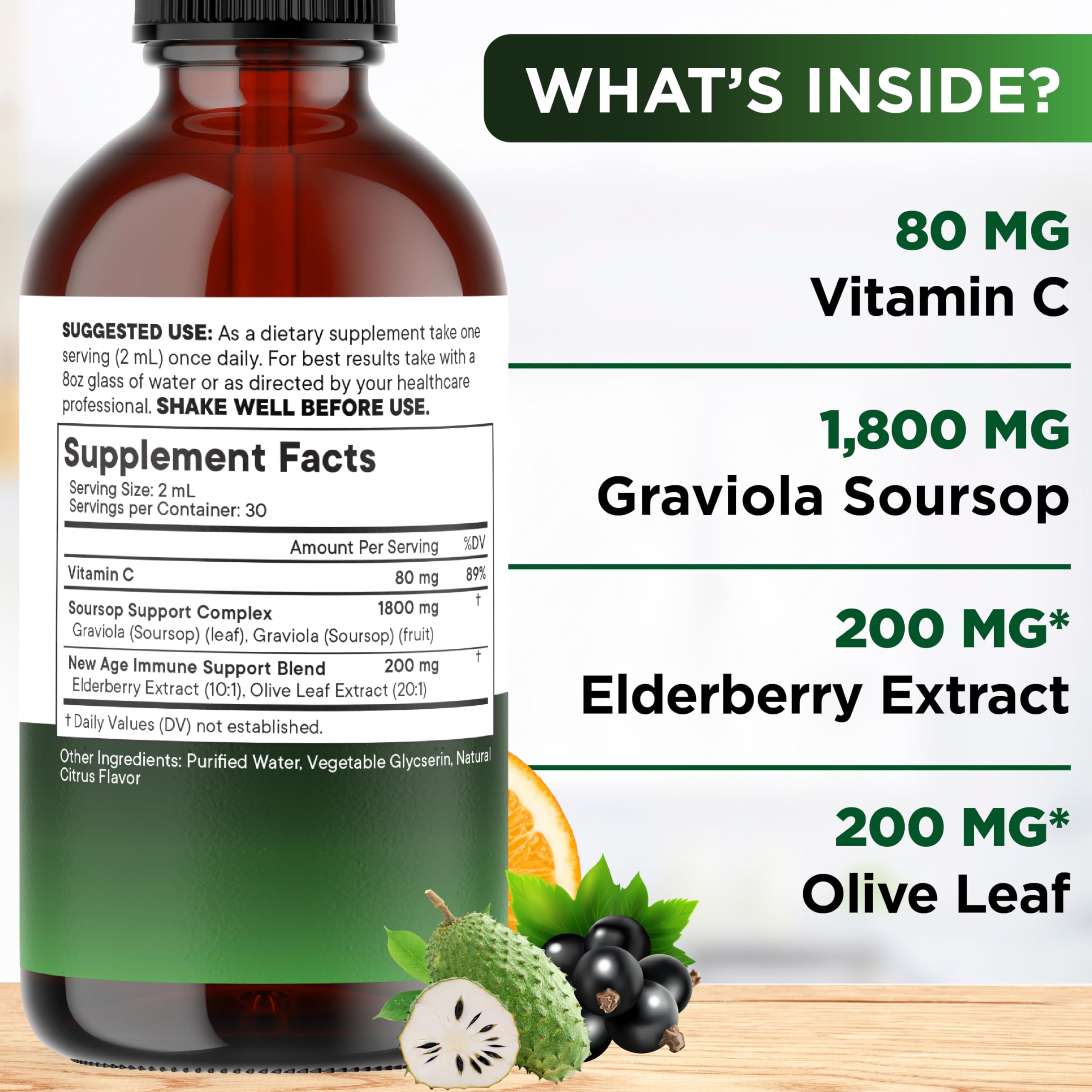 NEW AGE Soursop Drops bottle and ingredients highlight soursop fruit and elderberry