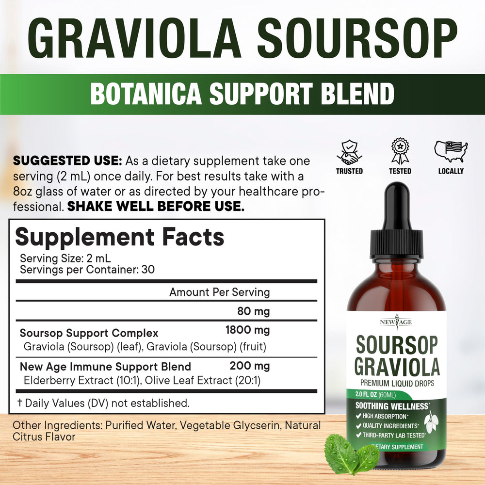 NEW AGE Soursop Drops bottle labeled USA-made and non-GMO