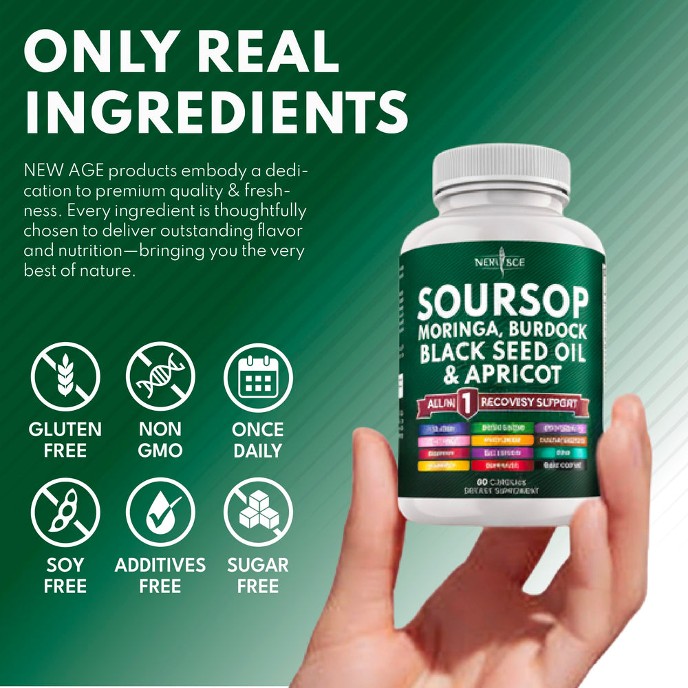 NEW AGE Soursop fruit visual showcases natural source of graviola.