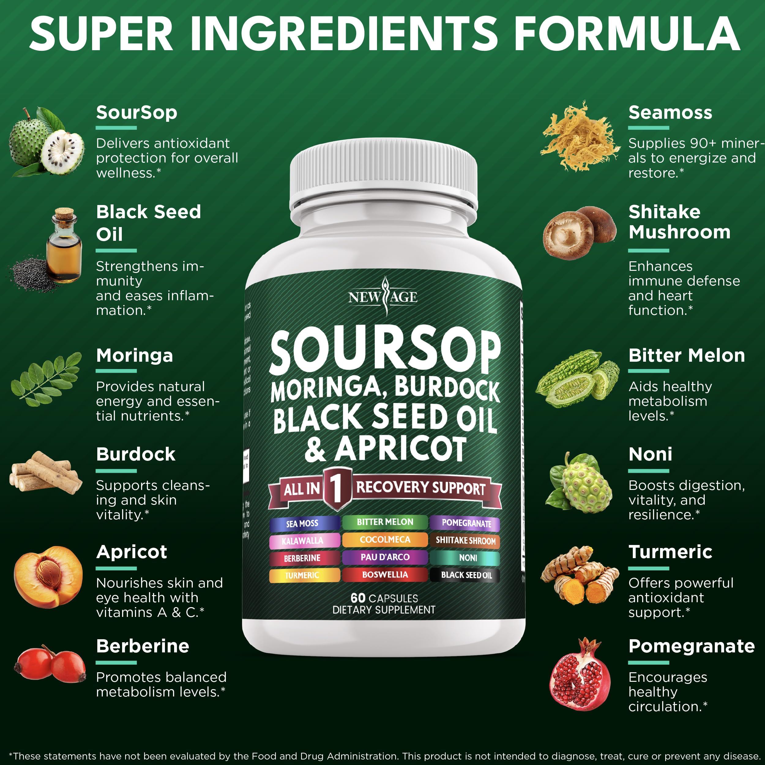 NEW AGE Soursop Supplement capsules closeup for easy daily use.
