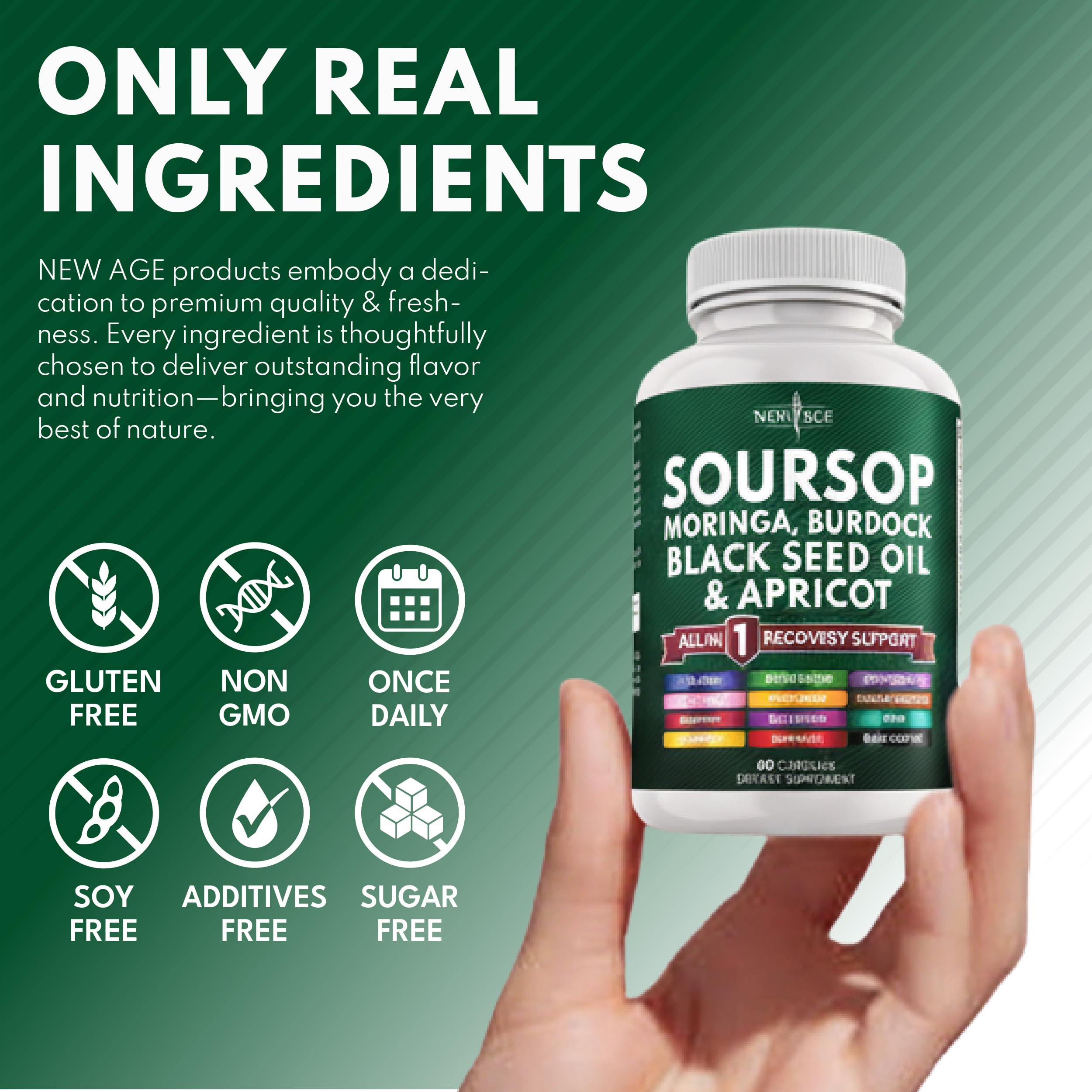 NEW AGE Soursop Supplement daily-use scene with glass of water