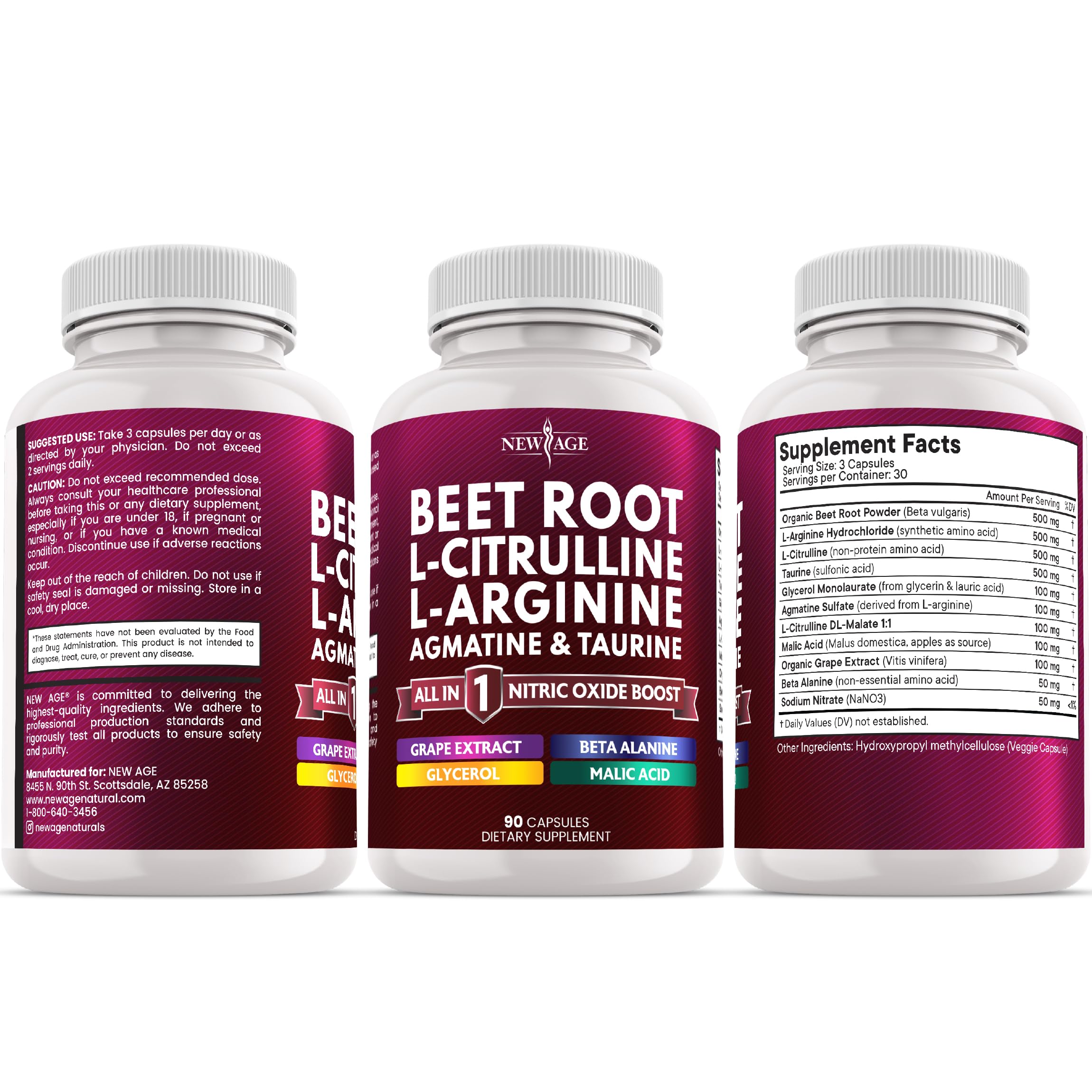NEW AGE Bottle and supplement facts panel highlighting quality and safety.