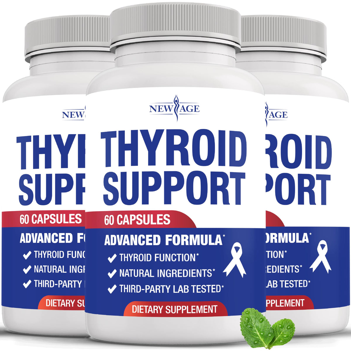NEW AGE Thyroid Blend bottle with capsules for daily wellness support.