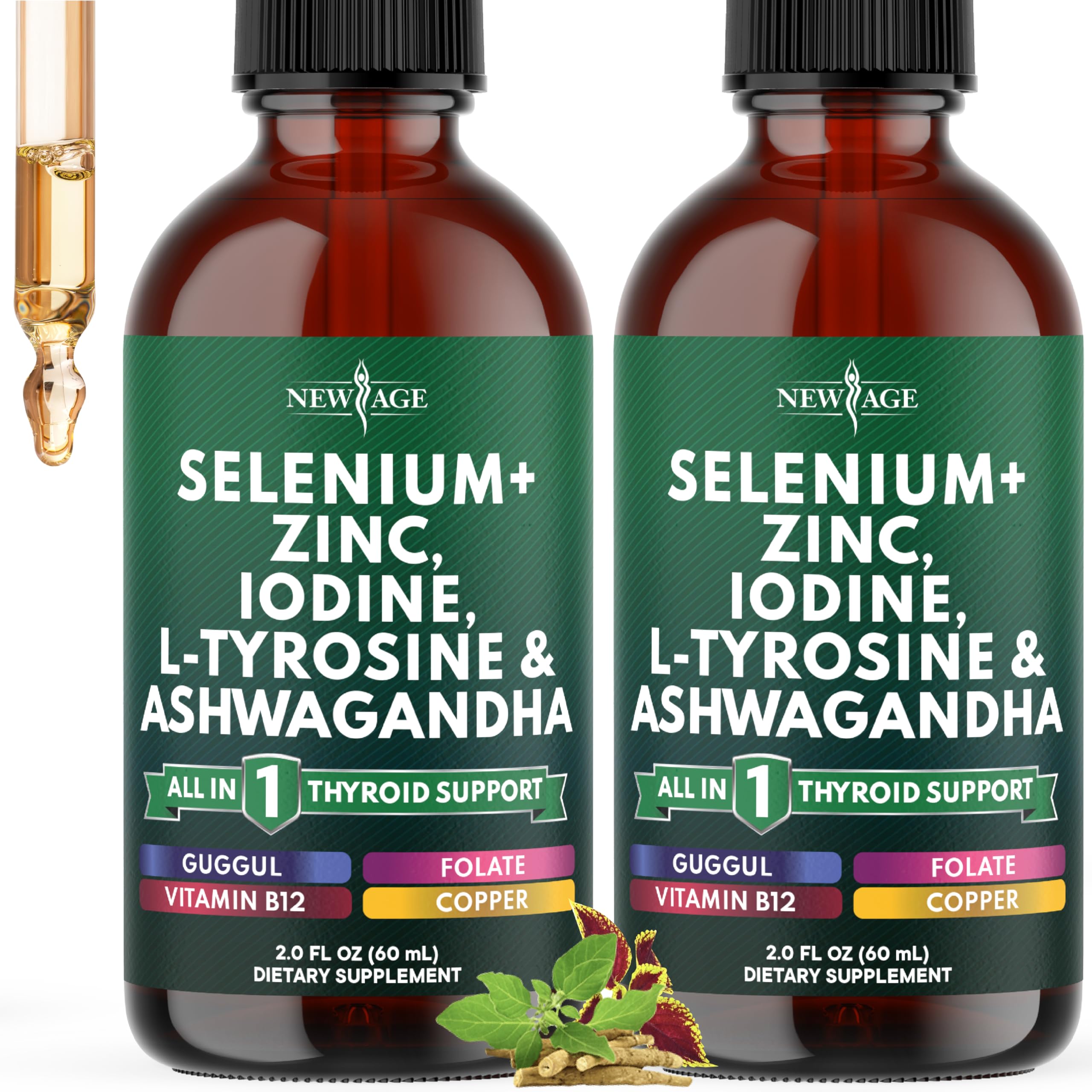 NEW AGE Thyroid Support Drops bottle shows alcohol-free daily vitality support.