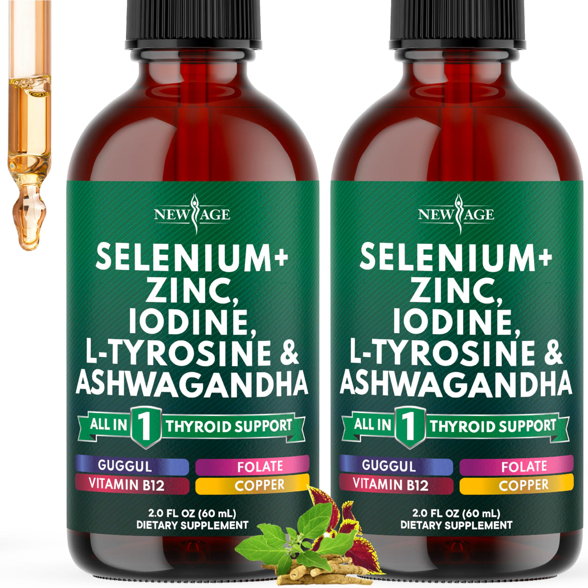 NEW AGE Thyroid Support Drops bottle shows alcohol-free daily vitality support.