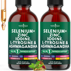 NEW AGE Thyroid Support Drops bottle shows alcohol-free daily vitality support.