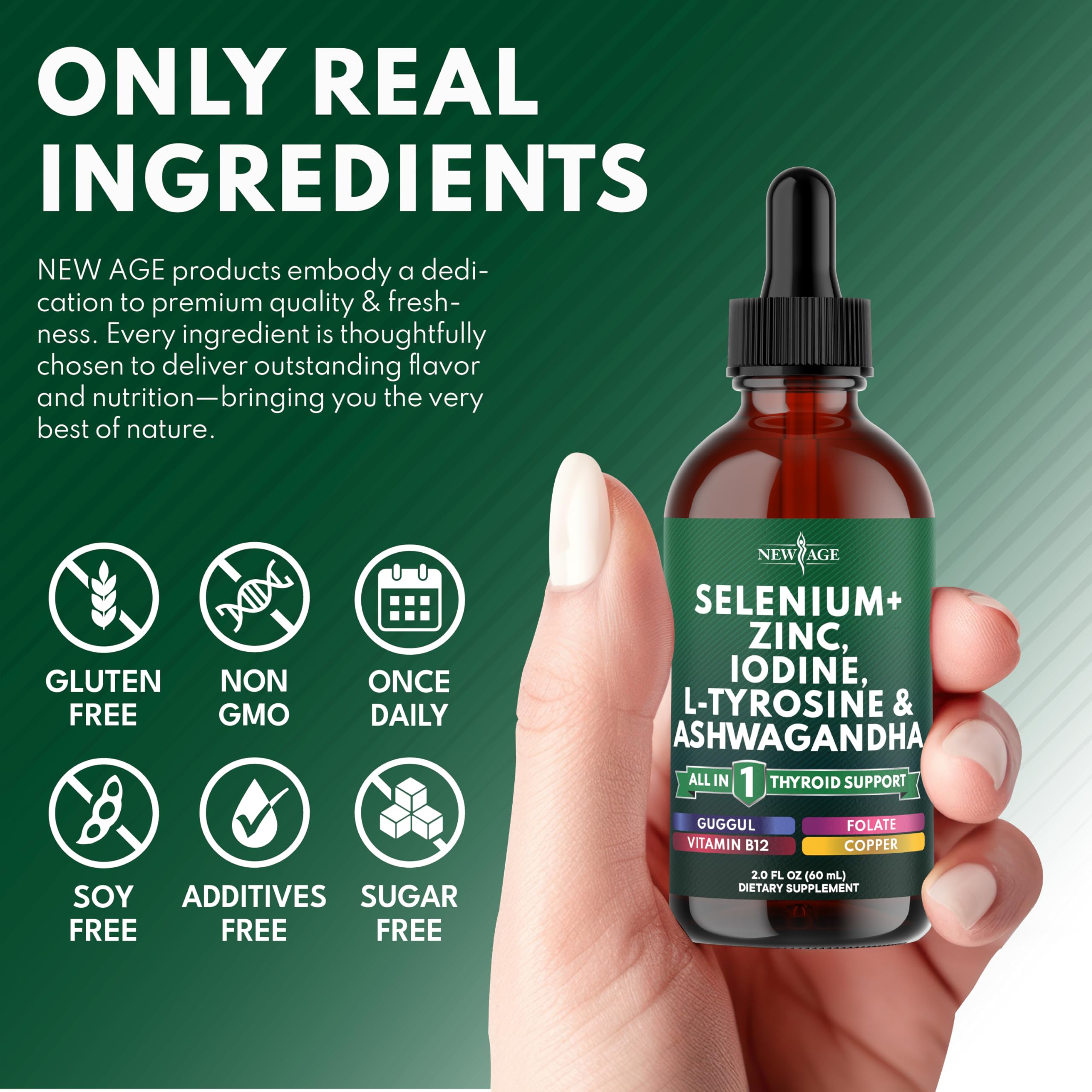 New Age Thyroid Support Drops glass bottle and dropper ready