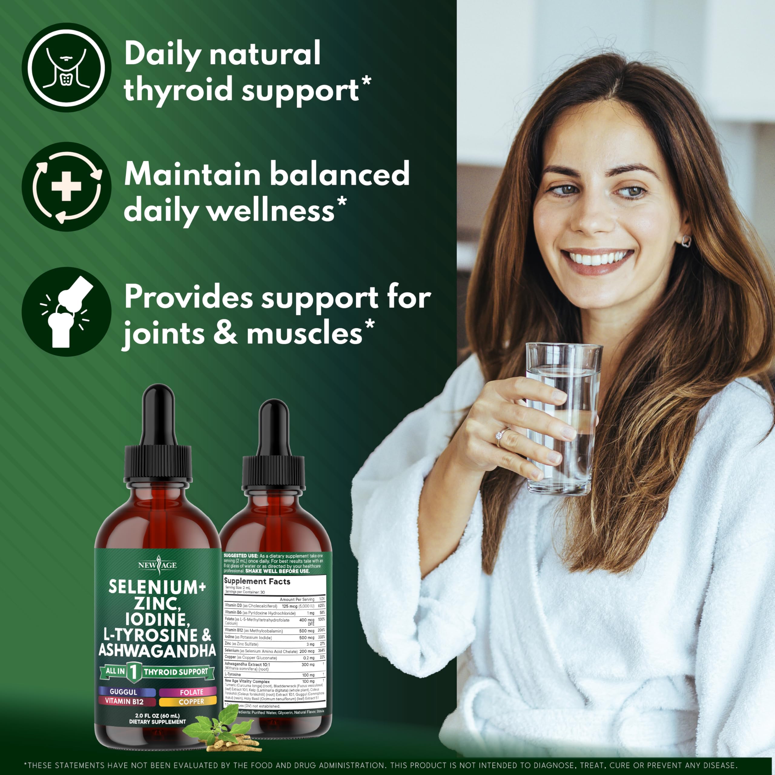 NEW AGE Thyroid Support Drops label emphasizes vegan, non-GMO formulation.