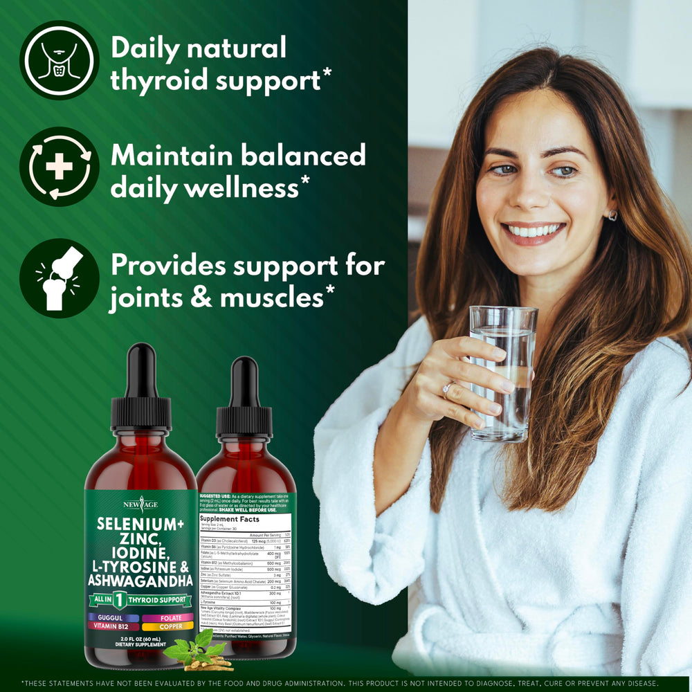 New Age Thyroid Support Drops label highlights vegan, non-GMO formulation