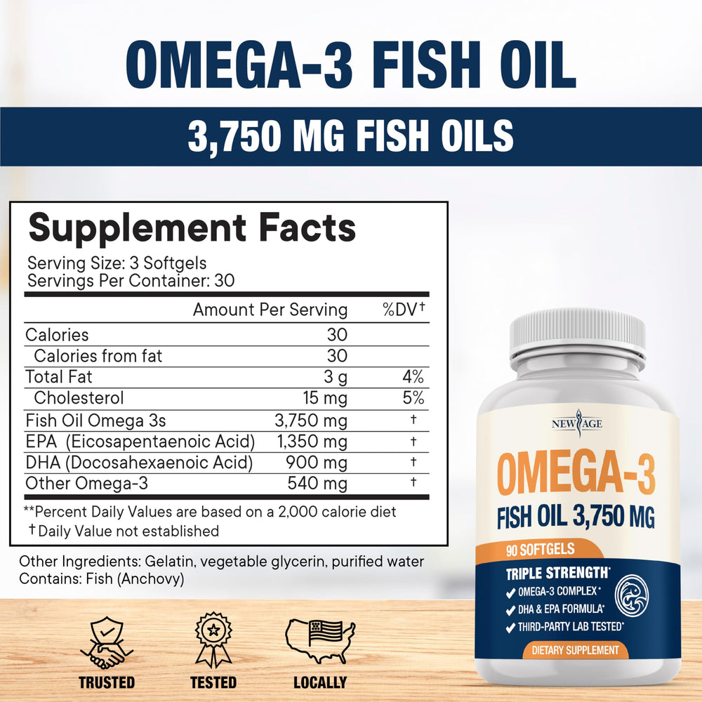 New Age Omega-3 bottle pour showing easy-to-swallow capsules.
