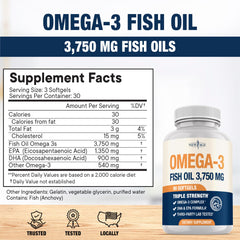 New Age Omega-3 bottle pour showing easy-to-swallow capsules.