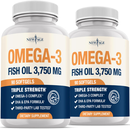 New Age Triple Strength Omega-3 bottle with burpless softgels for daily support.