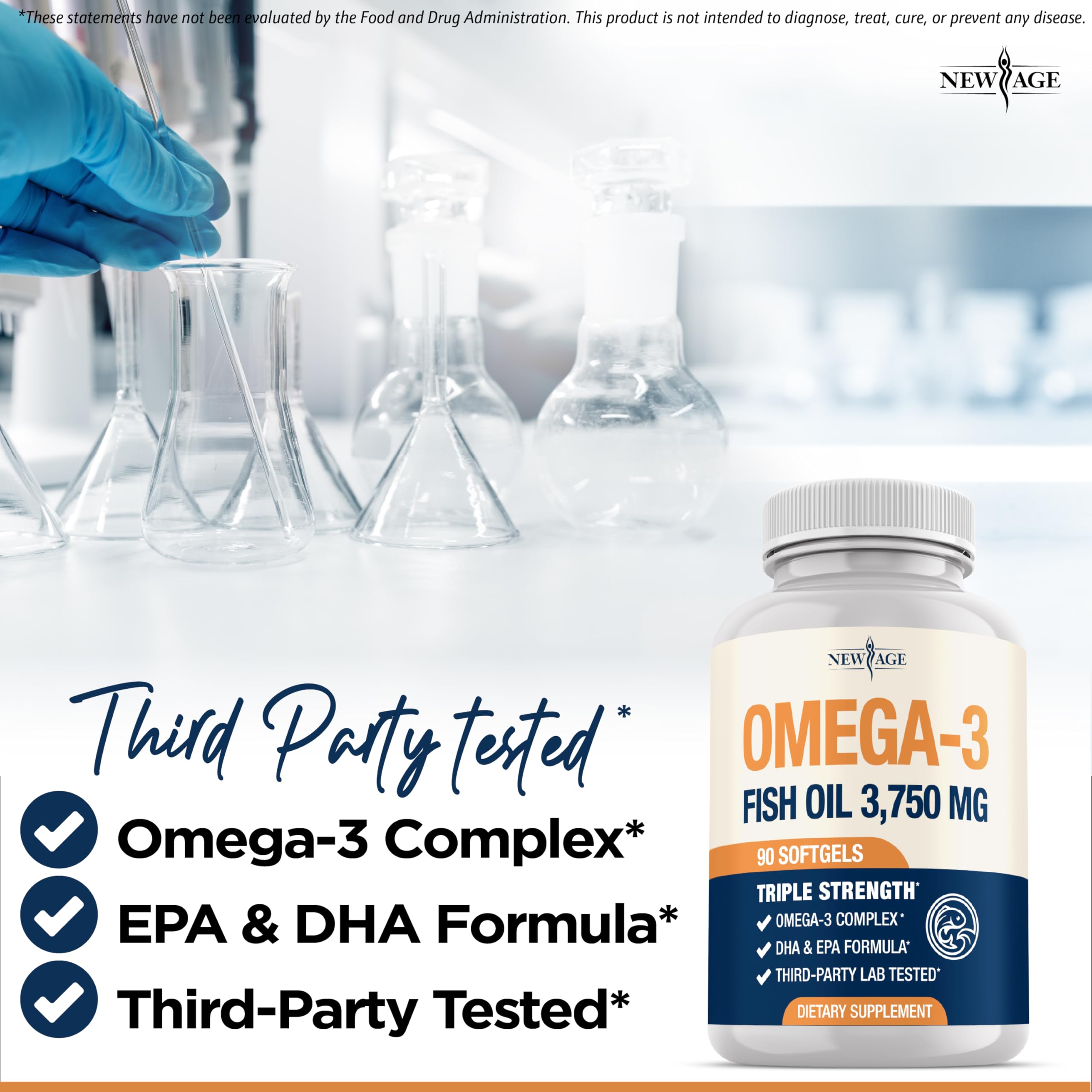 New Age Omega-3 seal indicating third-party testing on packaging.